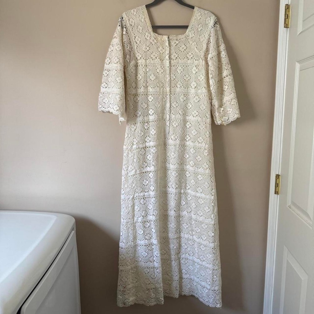 Vintage Mexican Crochet Wedding Dress Medium Cotton 60 70 bell flare bridal - Picture 6 of 8